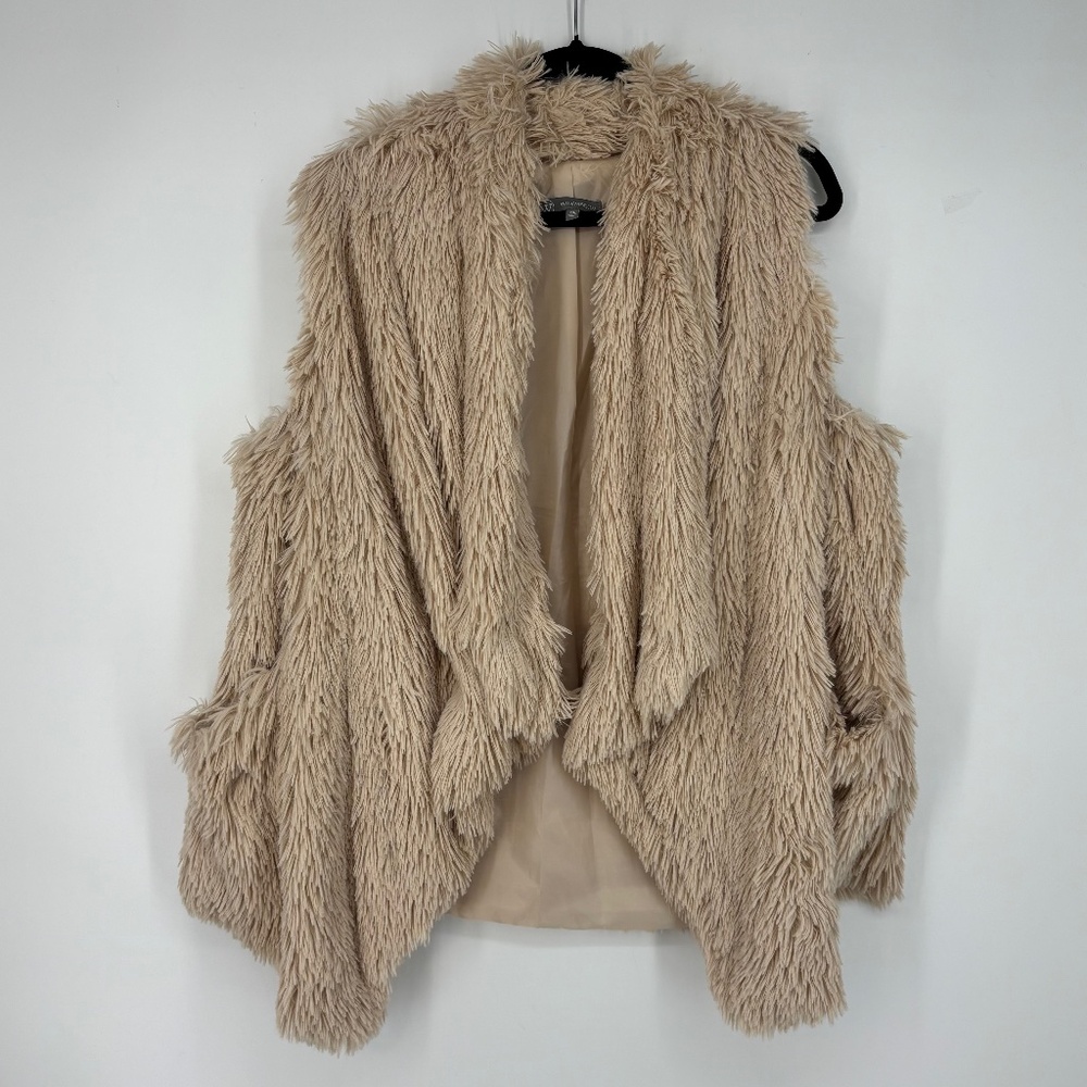 Wit and Wisdom Womens XL Open Front Shaggy Vest Beige Cream Side Pockets Lined